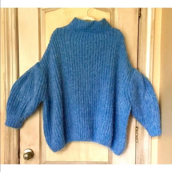 Free People Oasis Oversized Tunic Sweater Mock Neck Fuzzy Blue - Picture 3 of 4